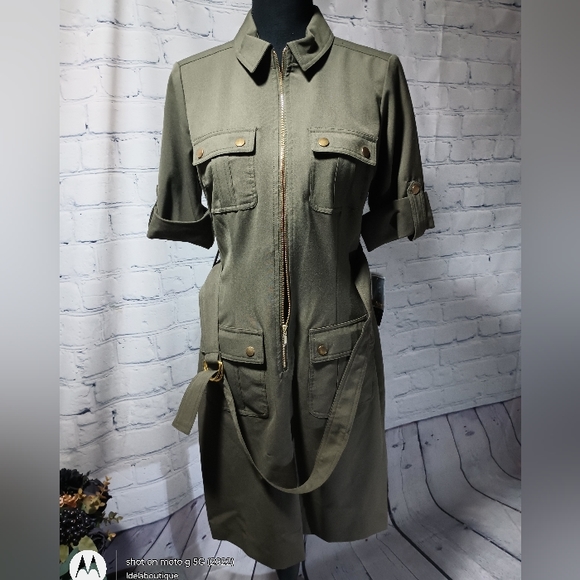 Short Sleeve Full Body Zipper Midi ShiftDress OliveDrab - Picture 13 of 16